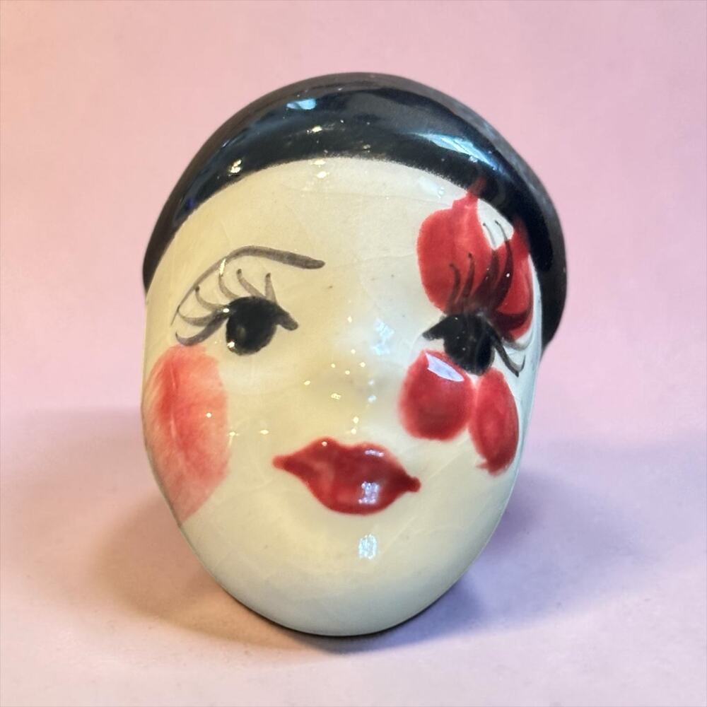 Vintage Flapper Face Brooch Red Flower Black Bob Art Deco Figural Pin